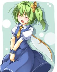 Rule 34 | 1girl, aka tawashi, blue skirt, blue vest, blush, bow, closed eyes, collared shirt, cowboy shot, daiyousei, fairy wings, green hair, hair bow, highres, necktie, open mouth, puffy short sleeves, puffy sleeves, shirt, short hair, short sleeves, side ponytail, simple background, skirt, skirt set, smile, solo, touhou, v arms, vest, white shirt, wings, wristband, yellow bow, yellow necktie