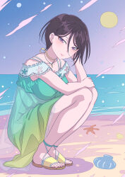 Rule 34 | 1girl, asymmetrical hair, bang dream!, beach, black hair, blush, breasts, clam, collarbone, dress, hair between eyes, hand up, highres, jewelry, kitayu, large breasts, legs, looking at viewer, multicolored clothes, multicolored dress, necklace, ocean, purple eyes, sand, sandals, short hair, smile, solo, squatting, starfish, sun, teeth, toenails, toes, yashio rui