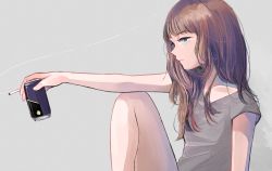 Rule 34 | 1girl, absurdres, blue eyes, brown hair, can, cigarette, expressionless, grey background, grey shirt, highres, holding, holding can, holding cigarette, knee up, long hair, original, profile, richard-kun, shirt, short sleeves, simple background, smoke, solo