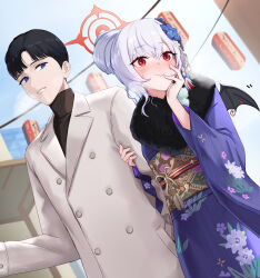 Rule 34 | 1boy, 1girl, absurdres, alternate color, arm grab, black hair, blue archive, blue eyes, blue kimono, blurry, braid, coat, commentary request, floral print, flower, fur-trimmed kimono, fur collar, fur trim, grey hair, grin, hair bun, hair flower, hair ornament, halo, haruna (blue archive), haruna (new year) (blue archive), highres, japanese clothes, kimono, long sleeves, looking at another, official alternate costume, red eyes, sensei (blue archive), short hair, single hair bun, sjuno, smile, sweat, sweater, trench coat, turtleneck, turtleneck sweater, wide sleeves