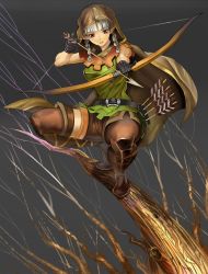 Rule 34 | 1girl, arrow (projectile), bad id, bad pixiv id, boots, bow (weapon), branch, brown eyes, cape, dragon&#039;s crown, elf (dragon&#039;s crown), artistic error, highres, long hair, pinky out, pointy ears, quiver, shijima (tanfn), silver hair, solo, thigh boots, thighhighs, weapon, zettai ryouiki