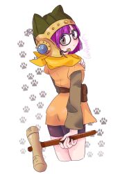 Rule 34 | 1girl, ass, belt, bike shorts, blush, brown eyes, chrono trigger, closed mouth, commentary, glasses, helmet, highres, holding, holding mallet, kotaniyen, looking at viewer, lucca ashtear, mallet, paw print, paw print background, purple hair, scarf, short hair, simple background, skirt, solo, weapon, white background