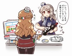 Rule 34 | 10s, 2girls, bag, barcode scanner, blush, bottle, breasts, brown eyes, cash register, cashier, employee uniform, grey hair, hat, italian flag, kantai collection, lawson, long hair, monitor, multiple girls, open mouth, pantyhose, plastic bag, pola (kancolle), revision, tanaka kusao, thick eyebrows, translated, uniform, wavy hair, wine bottle, zara (kancolle)