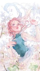 Rule 34 | 1girl, absurdres, armpit crease, artist name, bare shoulders, blue dress, blue eyes, bracelet, curly hair, dress, floating hair, flower, hands up, highres, jewelry, leaf, lily (flower), long hair, looking up, original, painting (medium), parted lips, pink hair, shiratama anzu, sidelocks, sleeveless, sleeveless dress, solo, traditional media, watercolor (medium), watermark, white flower