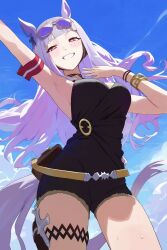 Rule 34 | 1girl, animal ears, arm up, armband, armpits, black one-piece swimsuit, blue sky, blunt bangs, breasts, closed mouth, cloud, cloudy sky, commentary request, cowboy shot, eyewear on head, gold ship (run revolt launcher) (umamusume), gold ship (umamusume), grey hair, grin, highres, horse ears, horse girl, horse tail, jewelry, large breasts, long hair, looking at viewer, official alternate costume, one-piece swimsuit, sky, smile, swimsuit, tail, thigh strap, umamusume, upper body, ushiwaka