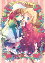 Rule 34 | 2girls, :d, apron, axis powers hetalia, blonde hair, blue eyes, blush, bottle, brown hair, covering own mouth, dress, feathers, flower, food, fruit, green dress, green eyes, hair flower, hair ornament, headdress, highres, hungary (hetalia), juliet sleeves, kneeling, liechtenstein (hetalia), long hair, long sleeves, looking at viewer, mitaringo, multiple girls, open mouth, postmark, puffy sleeves, raspberry, red dress, shoes, short hair, smile, string, string of fate, striped clothes, striped dress