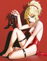 absurdres anklet blonde_hair breasts clothing_cutout dress fate_(series) green_eyes high_heels highres jewelry knee_up mordred_(fate) navel navel_cutout o-ring o-ring_thigh_strap on_ground red_background red_dress red_nails sitting small_breasts thigh_strap waligner