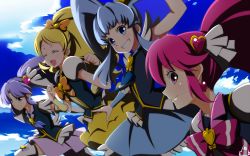 Rule 34 | 10s, 4girls, aino megumi, blonde hair, blue eyes, blue hair, blue skirt, boots, bow, brooch, choker, closed eyes, cloud, crown, cure fortune, cure honey, cure lovely, cure princess, day, earrings, eyelashes, gradient background, hair ornament, happinesscharge precure!, happy, heart, heart brooch, heart hair ornament, hikawa iona, jabara tornado, jewelry, long hair, looking at viewer, magical girl, multiple girls, oomori yuuko, open mouth, pink bow, pink eyes, pink hair, ponytail, precure, puffy sleeves, purple eyes, purple hair, purple skirt, ribbon, shirayuki hime, shirt, skirt, sky, smile, thigh boots, thighhighs, twintails, vest, white legwear, wide ponytail, wrist cuffs, yellow skirt