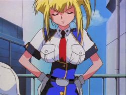 Rule 34 | 1990s (style), 1girl, angry, animated, animated gif, bent over, between breasts, blonde hair, blue hair, bouncing breasts, breasts, burn-up, burn-up excess, close-up, female focus, gloves, jiggle, kinezono rio, large breasts, long hair, looking at viewer, necktie, necktie between breasts, pointing, police, police uniform, policewoman, ponytail, pov, retro artstyle, short hair, solo, talking, third-party edit, uniform, white gloves