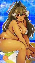 Rule 34 | 1girl, absurdres, artist name, ball, beachball, bikini, borrowed character, breasts, brown eyes, brown hair, cherry, cleavage, closed mouth, feet out of frame, food, fruit, hair between eyes, hair ornament, heart, heart hair ornament, highres, large breasts, long hair, looking at viewer, nanaco (hott0g111), original, outline, own hands together, pixelatedsweet, plump, purple nails, sitting, sitting on ball, smile, solo, swimsuit, white outline