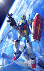 Rule 34 | 3d, beam rifle, blurry, blurry background, commentary, contrail, earth (planet), earth federation, energy gun, english commentary, english text, gundam, highres, in orbit, lens flare, light rays, logo, looking at viewer, machinery, mecha, michaellee4, missile, mobile suit, mobile suit gundam, no humans, planet, realistic, robot, roundel, rx-78-2, science fiction, shield, space habitat, spacecraft, sun, sunlight, thrusters, weapon, zero gravity