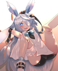 Rule 34 | 1girl, absurdres, animal ears, armpits, arms up, ass, bandage over one eye, bandaged leg, bandages, beefjk, bike shorts, black shorts, blue eyes, boots, doll joints, elbow gloves, gloves, highres, joints, legs, legs up, little witch nobeta, long hair, lying, monica (little witch nobeta), on back, open mouth, rabbit ears, sharp teeth, short shorts, shorts, silver hair, smile, socks, solo, spread legs, striped clothes, striped footwear, tabard, teeth, thighs, two side up, white footwear, white gloves, white tabard