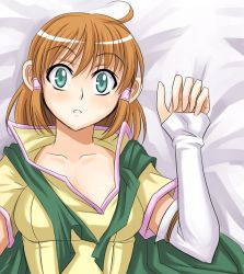 Rule 34 | 1girl, bed, blush, breasts, brown hair, cape, detached sleeves, female focus, fire emblem, fire emblem: path of radiance, from above, green eyes, lying, mist (fire emblem), nintendo, on back, open clothes, short hair, solo, surprised, syunzou, upper body