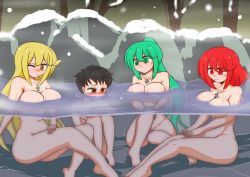 Rule 34 | 1boy, 3girls, bathing, black hair, blonde hair, blush, breasts, completely nude, embarrassed, gem, green eyes, green hair, jewelry, large breasts, matching hair/eyes, mixed-sex bathing, multiple girls, multiple persona, mythra (xenoblade), nintendo, nude, one eye closed, onsen, partially submerged, pixiv id 4150115, pneuma (xenoblade), pyra (xenoblade), red eyes, red hair, rex (xenoblade), same-sex bathing, shared bathing, smile, snow, triple persona, wet, xenoblade chronicles (series), xenoblade chronicles 2, yellow eyes