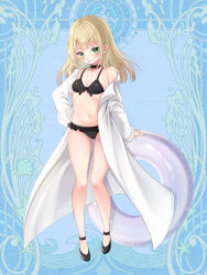 Rule 34 | 1girl, bare shoulders, bikini, black bikini, black footwear, blonde hair, blue background, blush, breasts, collarbone, dairoku ryouhei, frilled bikini, frills, front-tie bikini top, front-tie top, full body, green eyes, highres, innertube, lab coat, long hair, long sleeves, looking at viewer, mirai (happy-floral), mouth hold, navel, off shoulder, official art, open clothes, shoes, sleeves past wrists, small breasts, solo, standing, swim ring, swimsuit