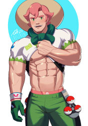 Rule 34 | 1boy, abs, absurdres, artist name, bara, bare pectorals, beige headwear, blush, brown hat, bulge, clothes lift, creatures (company), crestren, feet out of frame, freckles, game freak, gloves, green eyes, green shorts, hat, highres, large pectorals, lifted by self, looking at viewer, male focus, male underwear, male underwear peek, milo (pokemon), muscular, muscular male, navel, nintendo, nipples, open mouth, pectorals, pink hair, pink male underwear, poke ball, poke ball (basic), pokemon, pokemon swsh, print male underwear, scarf, shirt lift, short hair, short sleeves, shorts, signature, single glove, smile, solo, stomach, sun hat, thick eyebrows, thick thighs, thighs, underwear, veins, white background