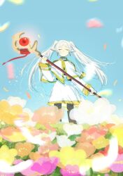 Rule 34 | 1girl, black pantyhose, blue sky, blurry, blurry foreground, capelet, chamwa, closed eyes, closed mouth, commentary, day, dress, earrings, elf, english commentary, falling petals, flower, frieren, highres, holding, holding staff, jewelry, long hair, long sleeves, orange flower, outdoors, pantyhose, petals, pointy ears, purple flower, sky, solo, sousou no frieren, staff, twintails, white capelet, white dress, white flower, white hair, yellow flower