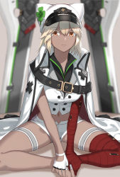 Rule 34 | 1girl, bandaged arm, bandaged leg, bandages, belt, black belt, breasts, closed mouth, commentary request, dark-skinned female, dark skin, guilty gear, guilty gear strive, hat, highres, indian style, kfr, knees apart feet together, looking at viewer, medium breasts, midriff, navel, orange eyes, ramlethal valentine, short hair, sitting, solo, white hair, white hat