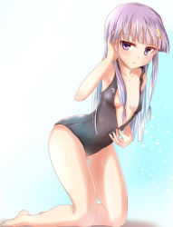 Rule 34 | 1girl, barefoot, bent over, breasts, collarbone, crescent, crescent hair ornament, front zipper swimsuit, hair ornament, hand in own hair, kneeling, long hair, looking at viewer, meme attire, one-piece swimsuit, patchouli knowledge, purple eyes, purple hair, ram hachimin, small breasts, solo, swimsuit, touhou, unzipped, very long hair, wet, zipper