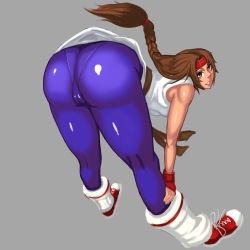 Rule 34 | 1girl, absurdres, artist request, ass, bare shoulders, bent over, blush, braid, breasts, brown eyes, brown hair, cameltoe, fingerless gloves, from behind, gloves, headband, highres, huge ass, long hair, looking at viewer, loose socks, pantylines, ryuuko no ken, shiny clothes, shoes, smile, sneakers, snk, socks, solo, spandex, the king of fighters, yuri sakazaki