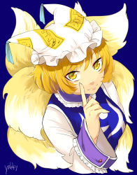 Rule 34 | 1girl, 80yakky, animal hat, artist name, blonde hair, blue background, fingernails, fox tail, hand up, hat, hat with ears, highres, index finger raised, long sleeves, looking at viewer, mob cap, multiple tails, ofuda, short hair, simple background, smile, solo, tabard, tail, tassel, touhou, upper body, wide sleeves, yakumo ran, yellow eyes