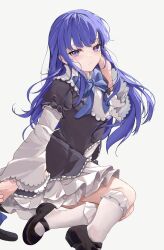 Rule 34 | 1girl, absurdres, black dress, black footwear, blue bow, blue bowtie, blue hair, bow, bowtie, cat tail, closed mouth, dress, frederica bernkastel, grey background, hand in own hair, highres, long hair, long sleeves, looking at viewer, orchid (orukido), purple eyes, simple background, socks, solo, tail, umineko no naku koro ni, white socks