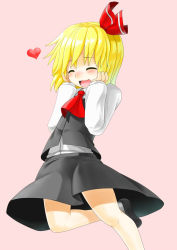 Rule 34 | 1girl, :3, blonde hair, blush, closed eyes, embodiment of scarlet devil, female focus, hair ribbon, hands on own cheeks, hands on own face, heart, hecchi (blanch), leg up, open mouth, pink background, ribbon, rumia, short hair, simple background, smile, solo, touhou