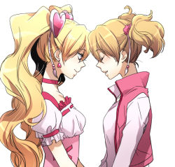 Rule 34 | 00s, 2girls, blonde hair, closed eyes, cure peach, dual persona, earrings, face-to-face, forehead-to-forehead, fresh precure!, hair ornament, heads together, heart, heart hair ornament, jewelry, light smile, momozono love, multiple girls, nakagawa waka, precure, simple background, talking, twintails, white background