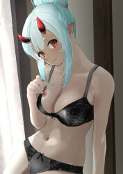 1girl absurdres bare_arms bare_shoulders black_bra black_panties blue_hair blush bra breasts closed_mouth commission highres horns indie_virtual_youtuber lingerie looking_at_viewer medium_breasts oni original panties pixiv_commission pointy_ears red_eyes red_horns sitting smile solo stomach tama_(tamago) underwear underwear_only virtual_youtuber