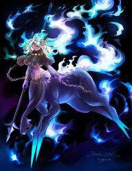 Rule 34 | 1girl, animal ears, artist name, black background, black capelet, blue fire, blue hair, breasts, bright pupils, capelet, centaur, chain, closed mouth, colored skin, commission, dream catcher, fiery hair, fiery tail, fire, floating hair, full body, hair over one eye, highres, hogara, holding, holding polearm, holding weapon, horse ears, horse tail, jewelry, large breasts, long hair, looking at viewer, monster girl, necklace, no feet, original, pelvic curtain, polearm, purple eyes, purple lips, purple skin, skeb commission, skull, smile, solo, tail, taur, torn capelet, torn clothes, underboob, very long hair, weapon, white pupils