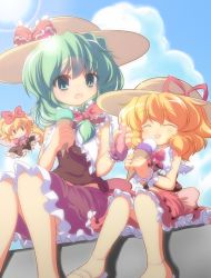 Rule 34 | 2girls, ^ ^, alternate headwear, blonde hair, blue sky, bow, closed eyes, cloud, day, eating, closed eyes, female focus, food, food on face, frills, front ponytail, green eyes, green hair, hair bow, handkerchief, hat, ice cream cone, kagiyama hina, medicine melancholy, midriff, multiple girls, nullpooo, open mouth, ribbon, shirt, sitting, skirt, sky, smile, su-san, sun, tongue, tongue out, touhou