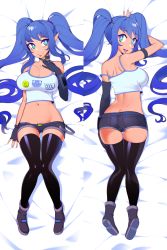 Rule 34 | 1girl, :d, :p, ankle boots, ass, bed sheet, black thighhighs, blue eyes, blue hair, blush, boots, breasts, bright pupils, butt crack, choker, cleavage, commentary, commission, crop top, dakimakura (medium), english commentary, fingerless gloves, gloves, grey choker, grey footwear, grey shorts, hair spread out, halphelt, highres, large breasts, long hair, looking at viewer, lying, micro shorts, midriff, multiple views, navel, on back, on stomach, open mouth, original, shorts, smile, spaghetti strap, thighhighs, tongue, tongue out, twintails, very long hair, white pupils