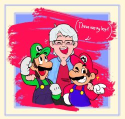 Rule 34 | 3boys, ^ ^, blue overalls, blue shirt, brown hair, charles martinet, clenched hand, closed eyes, commentary, english commentary, english text, facial hair, glasses, gloves, green headwear, green shirt, grey hair, hat, highres, luigi, male focus, mario, mario (series), multiple boys, mustache, nintendo, open mouth, overalls, pointing, real life, red headwear, red shirt, shirt, smile, sparkle, speech bubble, the super mario bros. movie, twitter username, vampkettle, voice actor, white gloves