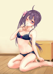 Rule 34 | 1girl, ahoge, akebono (kancolle), bare arms, barefoot, bell, blue panties, blush, breasts, collarbone, flower, hair bell, hair between eyes, hair flower, hair ornament, hand on own foot, hand up, head tilt, indoors, jingle bell, kantai collection, long hair, navel, on floor, one eye closed, open mouth, panties, purple eyes, purple hair, rizzl, side ponytail, sidelocks, sitting, small breasts, stomach, thighs, tsundere, underwear, underwear only, very long hair, yokozuwari