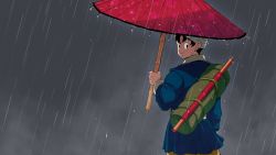 Rule 34 | 1boy, bandages, black eyes, black hair, closed mouth, dragon ball, dragon ball (classic), highres, holding, holding umbrella, horang4628, japanese clothes, kimono, looking at viewer, looking back, male focus, rain, smile, solo, son goku, staff, standing, umbrella