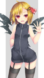Rule 34 | 1girl, :d, ahoge, bare arms, bare shoulders, black jacket, black wings, blonde hair, commentary request, fang, fishnet thighhighs, fishnets, garter straps, grey background, grey thighhighs, hair ornament, hair ribbon, hairclip, hand in pocket, hand up, highres, jacket, looking at viewer, open mouth, red eyes, red ribbon, ribbon, rumia, sleeveless, sleeveless jacket, smile, solo, thighhighs, touhou, two-tone background, uumaru, white background, wings