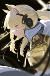 Rule 34 | 1girl, absurdres, animal ear fluff, animal ears, arknights, black background, blonde hair, blurry, coat, collared coat, commentary request, depth of field, epaulettes, from side, headset, highres, horse ears, horse girl, implied extra ears, long hair, nearl (arknights), nearl the radiant knight (arknights), ponytail, popped collar, profile, single epaulette, solo, upper body, uryu (uryu0329), white coat, yellow eyes