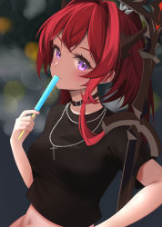 Rule 34 | 1girl, absurdres, arknights, black choker, black shirt, blurry, blurry background, blush, breasts, choker, cross, cross necklace, eating, food, highres, holding, holding food, horns, jewelry, long hair, looking at viewer, medium breasts, navel, necklace, official alternate costume, phoeni ir, popsicle, purple eyes, red hair, shirt, short sleeves, smile, solo, surtr (arknights), surtr (liberte echec) (arknights), sword, upper body, weapon