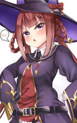 Rule 34 | 1girl, animal ears, belt, blush, breasts, brown hair, commentary request, gloves, hair rings, hat, highres, horse ears, horse girl, long hair, looking at viewer, open mouth, purple eyes, setu (shining12), solo, sweep tosho (umamusume), twintails, umamusume, white background, witch hat
