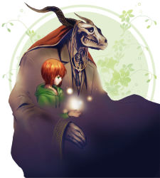 Rule 34 | 10s, 1girl, animal skull, aoyagi, elias ainsworth, flower, green background, green eyes, green jacket, hatori chise, highres, horns, ivy, jacket, light particles, mahou tsukai no yome, monster, red hair, robe, short hair, size difference