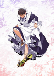 Rule 34 | 1girl, apron, bare legs, black dress, brown footwear, brown hair, closed mouth, clothes lift, dress, dress lift, closed eyes, glasses, hat, headband, highres, maid, maid apron, mob cap, original, shoes, short hair, skateboard, skateboarding, sneakers, solo, suzushiro (suzushiro333), white apron, white headband