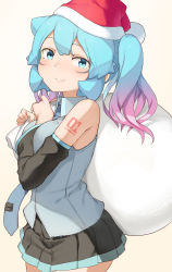 Rule 34 | 1girl, abmayo, aqua hair, bare shoulders, breasts, detached sleeves, fur-trimmed headwear, fur trim, hair ornament, hat, hatsune miku, highres, holding, holding sack, long hair, long sleeves, looking at viewer, medium breasts, necktie, red hat, sack, santa hat, skirt, smile, solo, twintails, very long hair, vocaloid