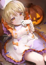 Rule 34 | 1girl, absurdres, apron, artist name, bandaged arm, bandages, blonde hair, blush, bow, brown eyes, candy, commentary request, dress, drill hair, finger to mouth, food, frilled apron, frills, hair between eyes, halloween, halloween costume, highres, idolmaster, idolmaster cinderella girls, jack-o&#039;-lantern, medium hair, morikubo nono, ningen mame, orange bow, pumpkin, purple dress, short sleeves, sitting, solo, stitched face, stitched leg, stitches, tears, white apron, white headwear