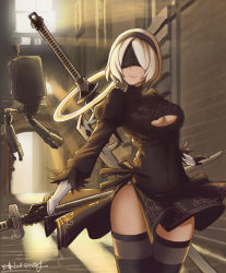 Rule 34 | 1girl, black thighhighs, breasts, cleavage, cleavage cutout, closed mouth, clothing cutout, facing viewer, hairband, highres, holding, holding sword, holding weapon, large breasts, long sleeves, mole, mole under mouth, nier (series), nier:automata, short hair, smile, solo, sword, thighhighs, weapon, white hair, 2b (nier:automata), zhu xiao tian crazy