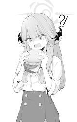 Rule 34 | !?, 1girl, absurdres, aru (blue archive), blue archive, blush, burger, food, greyscale, halo, highres, holding, holding food, horns, long hair, long sleeves, looking at food, lpleader, monochrome, open mouth, shirt, simple background, skirt, solo, tearing up, white background, white shirt