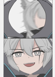 Rule 34 | 1boy, 1girl, absurdres, animal ears, arknights, black gloves, coat, comic, commentary, doctor (arknights), english commentary, gloves, grey eyes, grey hair, highres, lappland (arknights), long hair, looking at viewer, open mouth, scar, scar across eye, smile, smug, snoot challenge, teeth, upper teeth only, wawamachi (wawamachis), wolf ears, wolf girl