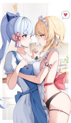 Rule 34 | !, !!, 2girls, absurdres, apron, ayaka (genshin impact), bare shoulders, blonde hair, blue apron, blue bow, blue eyes, blue hair, blunt bangs, bow, breasts, cleavage, commentary request, cowboy shot, dress, eye contact, genshin impact, hair bow, heart, highres, indoors, long hair, looking at another, lumine (genshin impact), maid headdress, medium breasts, multiple girls, parted lips, puffy short sleeves, puffy sleeves, short sleeves, sidelocks, spoken heart, standing, thigh strap, thighs, white apron, white dress, yellow eyes, yeni1871, yuri