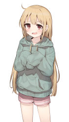 Rule 34 | 1girl, :d, alternate costume, blush, futaba anzu, green hoodie, highres, hood, hoodie, idolmaster, idolmaster cinderella girls, long hair, looking at viewer, open mouth, pink shorts, shone, shorts, simple background, sleeves past fingers, sleeves past wrists, smile, solo, straight hair, very long hair, white background