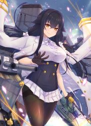 Rule 34 | 1girl, azuma (azur lane), azur lane, black gloves, black hair, breasts, cannon, day, flower, gloves, hair between eyes, half gloves, highres, holding, holding sword, holding weapon, katana, large breasts, long hair, looking at viewer, machinery, military, military uniform, pantyhose, petals, pleated skirt, rigging, seaplane, skirt, smile, smokestack, solo, sword, turret, uniform, waa! okami, weapon, white flower, yellow eyes
