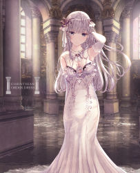 Rule 34 | 1girl, architecture, arm up, armpits, bare shoulders, blush, breasts, closed mouth, dress, elbow gloves, flower, gloves, grey eyes, grey hair, hair flower, hair ornament, hand in own hair, highres, indoors, long hair, medium breasts, missile228, original, pillar, sleeveless, sleeveless dress, smile, solo, standing, very long hair, white dress, white gloves, window